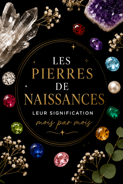 Les pierres de naissance et leur signification mois par mois — grenat, améthyste, aigue-marine, diamant, émeraude, pierre de lune, rubis, péridot, saphir, tourmaline rose, topaze dorée et tanzanite