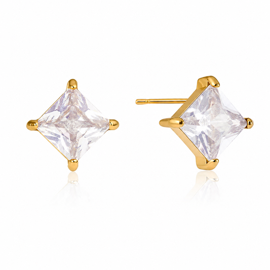 Boucles Solitaire Princess — Zircon Carré & 4 Griffes Dorées Acier