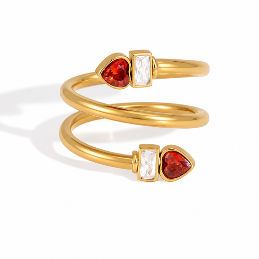 Bague Spirale Amora – Bague Ajustable Dorée en Acier Inoxydable & Cœurs Zircons Rouges