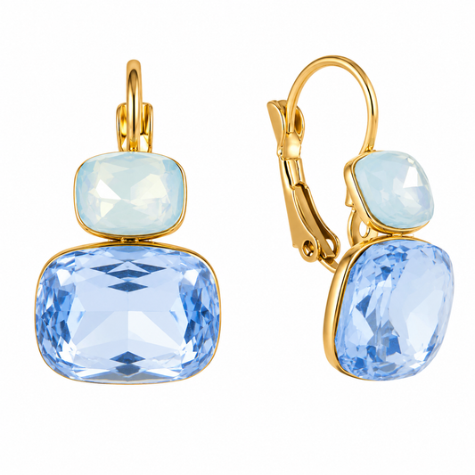 Boucles Luna Bleue — Cristaux Coussin Aqua & Saphir Clair
