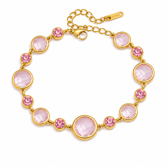 Bracelet Bubble Rose — Cristaux Ronds & Chaîne Dorée Acier