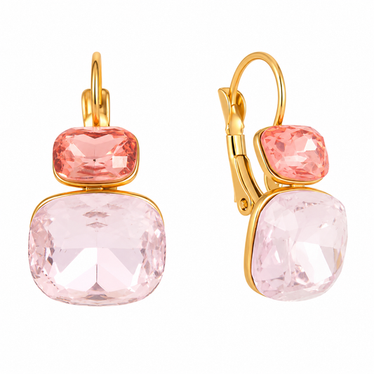 Boucles Luna Rose — Cristaux Coussin Corail & Quartz
