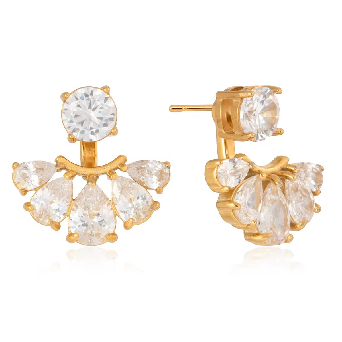 Boucles d'oreille Agathe LUNARA – ear jacket doré cristaux taille poire en éventail, vue de face et de profil
