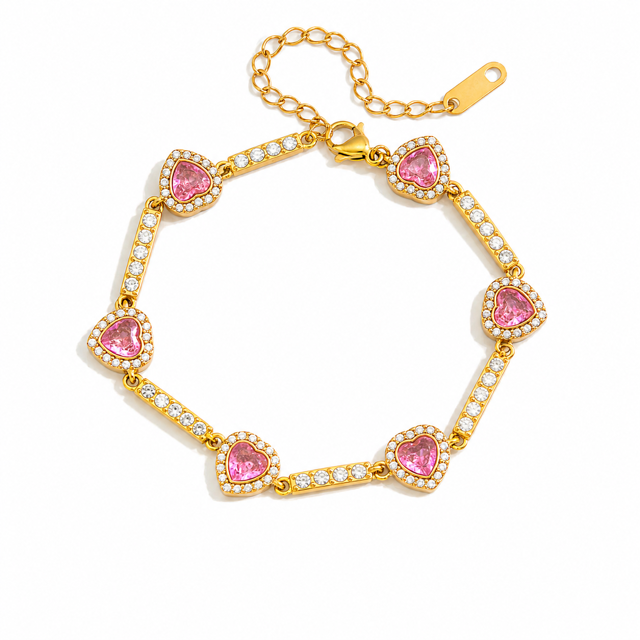 Bracelet Amara – vue produit fond blanc cœurs cristaux roses halo pavé
