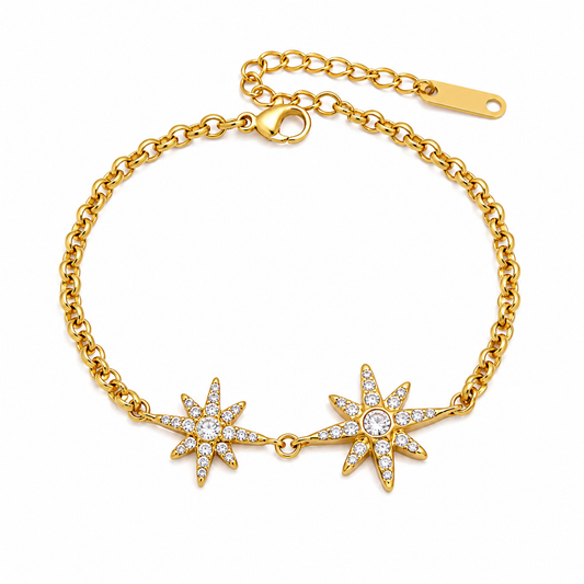 Bracelet Double Étoile Polaire — Cristaux Pavés & Chaîne Rolo Dorée Acier