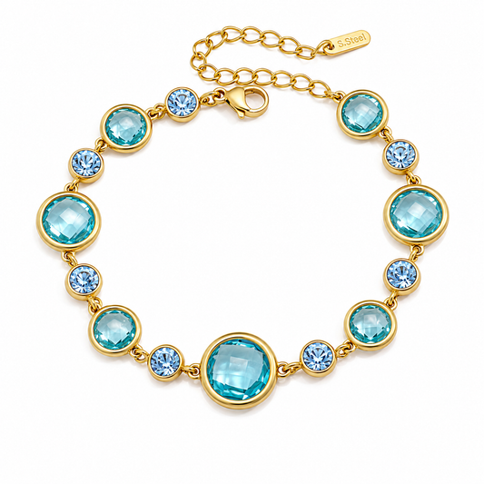 Bracelet Bubble Bleu — Cristaux Ronds Turquoise & Aigue-Marine Dorée Acier