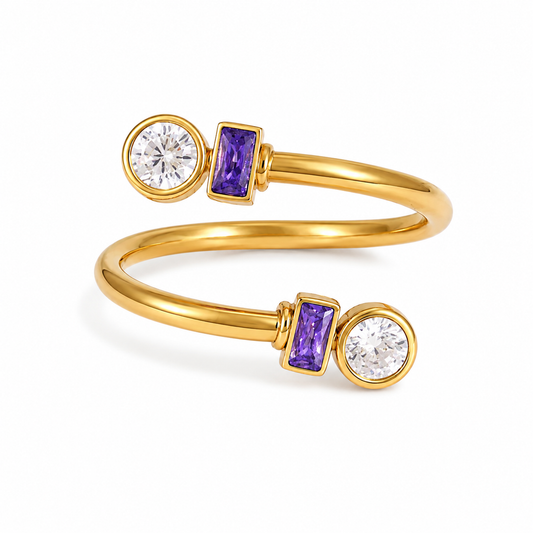 Bague Spirale Violetta – Bague Ajustable Dorée en Acier Inoxydable & Zircons Violets