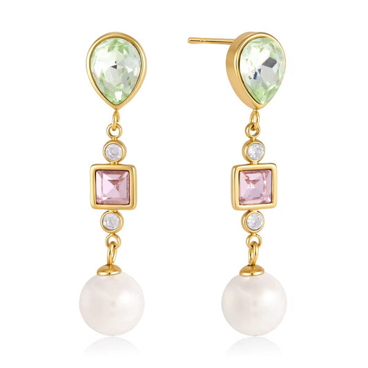 Boucles Luna Pastel — Goutte Verte, Rose & Perle Dorée