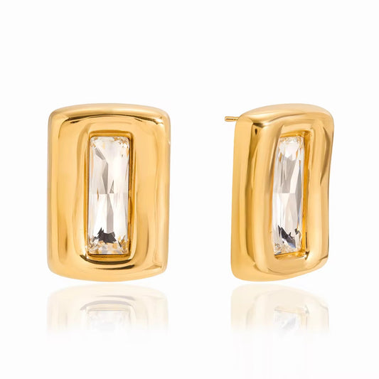 Boucles Cadre Doré — Cristal Baguette & Acier Inoxydable