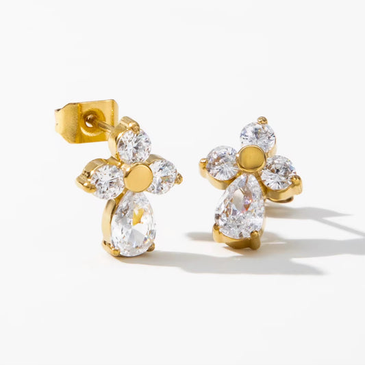 Boucles Fleur Céleste — Zircons Ronds & Pear Cut Acier Inoxydable