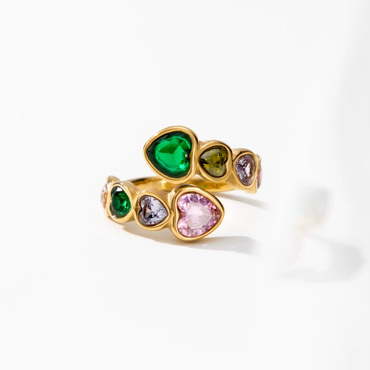 Bague Ajustable Flora – Anneau Ouvert Doré en Acier Inoxydable & Zircons Cœurs Multicolores
