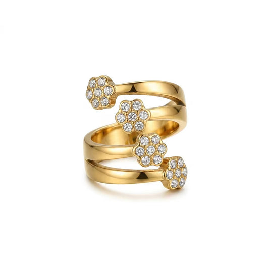 Bague Ajustable Jardin de Zircons – Anneau Ouvert Doré en Acier Inoxydable & Fleurs Scintillantes
