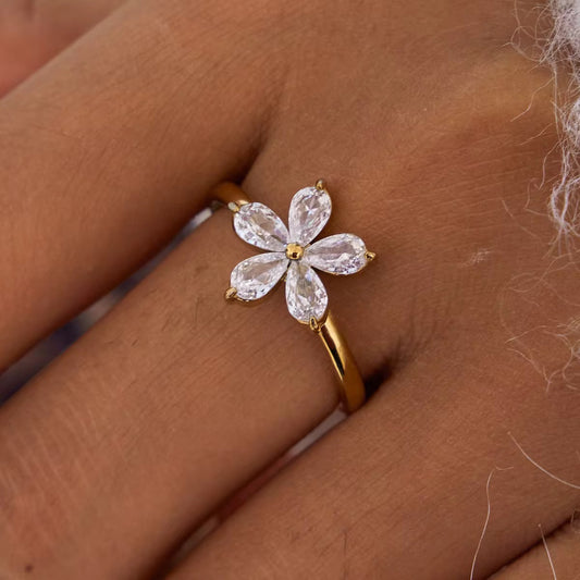 Bague Femme Acier inoxydable Fleur Zircons — Bague Flore LUNARA