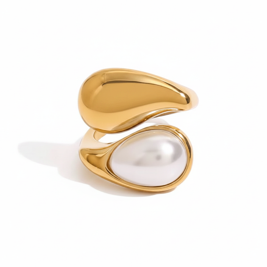 Bague double goutte or perle blanche LUNARA