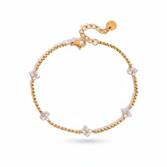 Bracelet chaîne box multi-trèfles cristaux blancs fond blanc