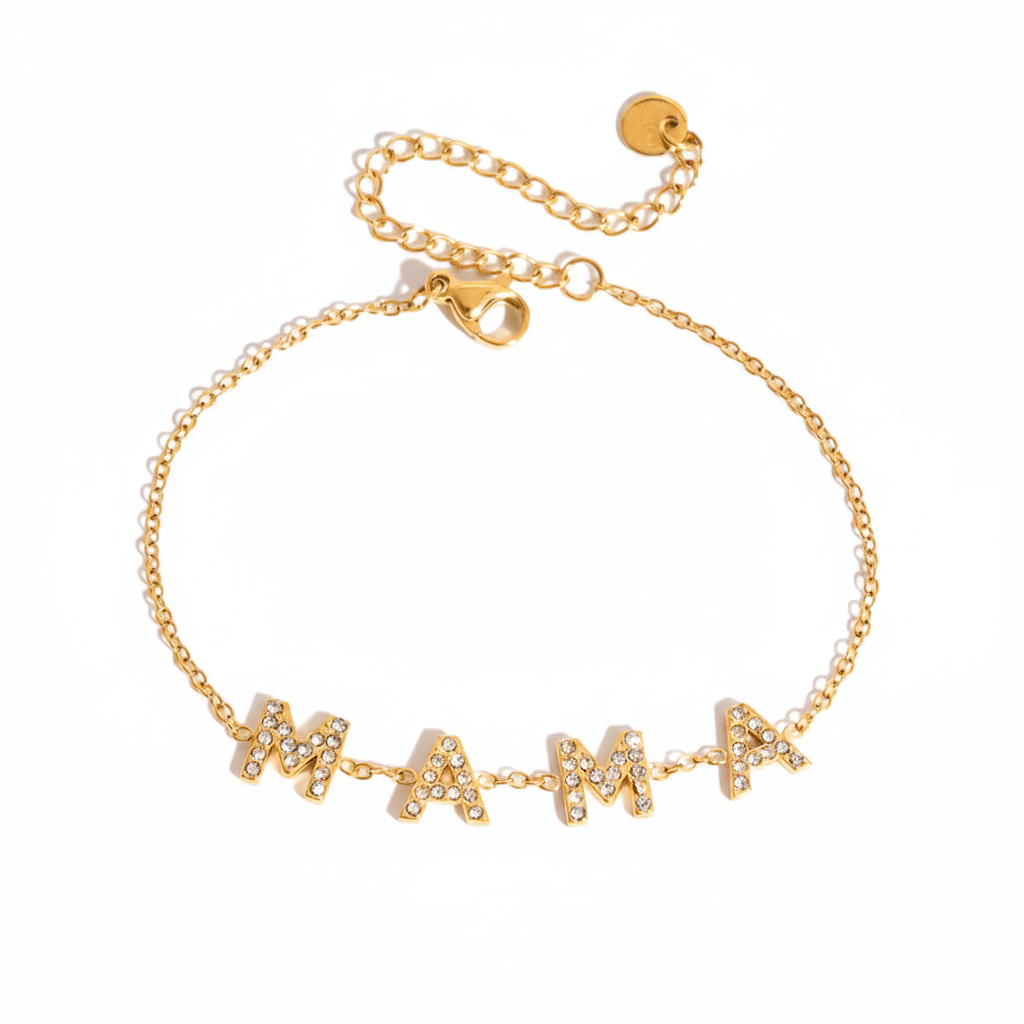 Bracelet MAMA lettres pavé cristaux blancs fond blanc