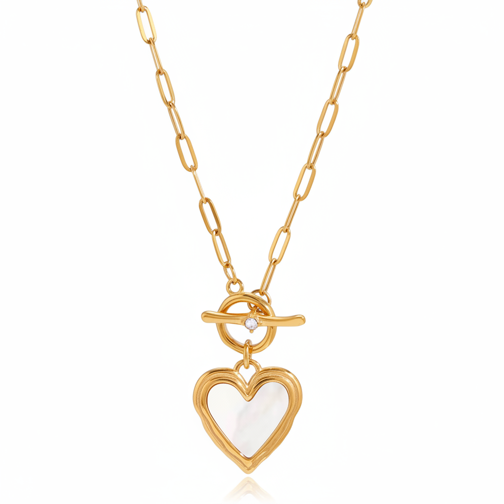 Collier cœur nacre toggle doré fond blanc