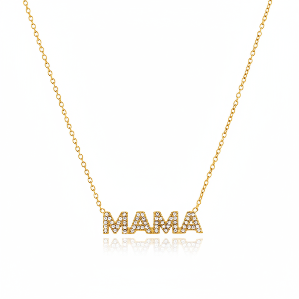 Collier MAMA pendentif bloc cristaux blancs fond blanc