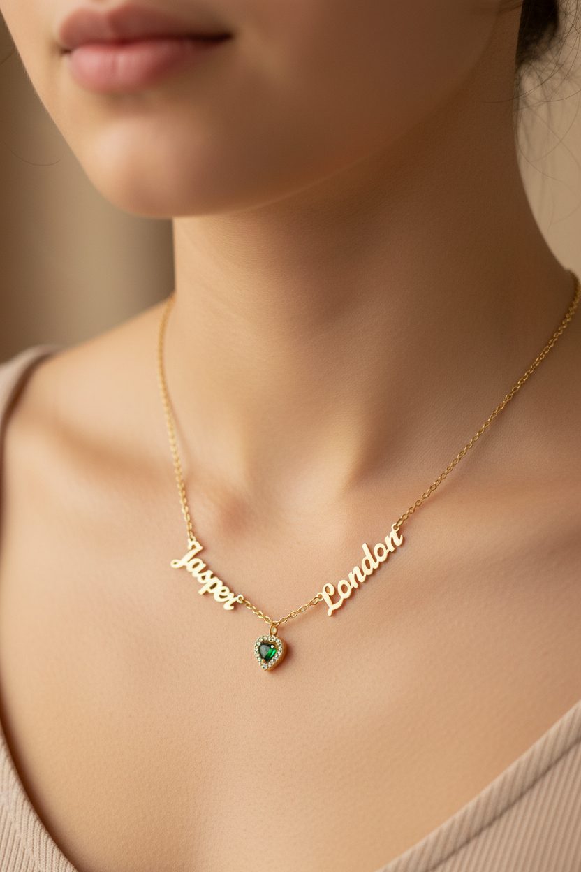 Collier prénom LUNARA porté sur mannequin réaliste