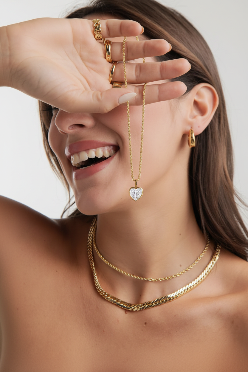 Femme portant le collier cœur cristal LUNARA